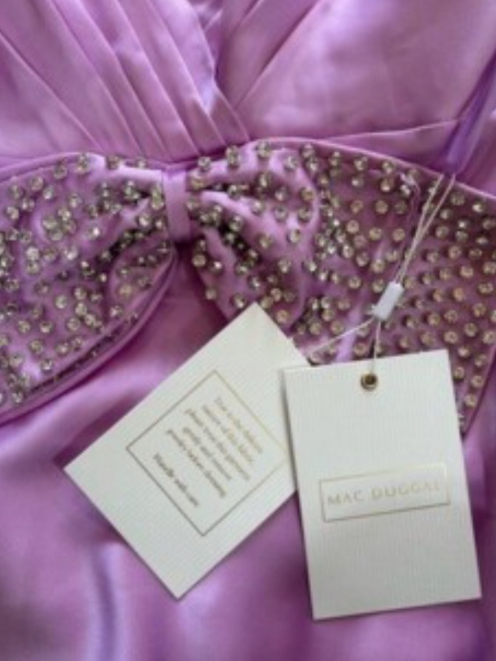 💜#70 BNWT Mac Duggal 68144 Lilac Satin Dress with Crystal-Embellished Bow - Picture 3 of 9